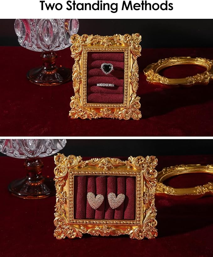 COOLYOUTH Vintage Ring Holder Ring Display Stand Frame Jewelry Organizer Velvet Tray for Jewelry (Medium-Red)
