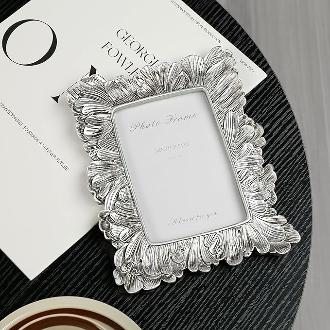 Cuspin 4x6 Picture Frame Silver, Vintage Ornate Palm Leaves Textured Hand-Crafted Resin Frames with Glass Front, Elegant Wedding Frame for Wall Hanging and Tabletop Display Home Decor