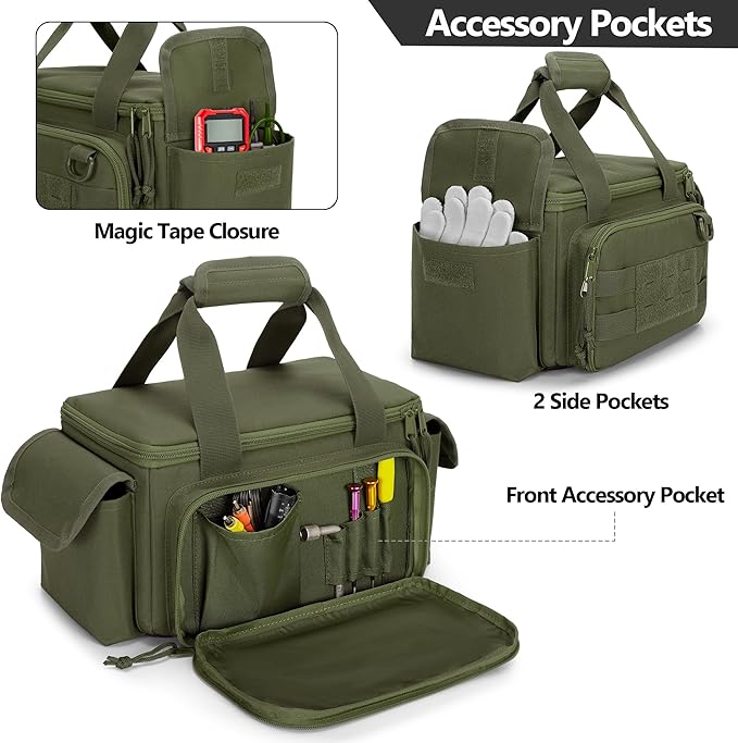 Small Tool Bag with Anti-friction and Thick Padded Bottom, Tool Storage Organizer for Men, Tactical Range Bag, Multi-functional Work Bag for Repairman, Electrician, Carpenters (Green)