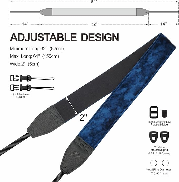 Padwa Lifestyle Dark Navy Blue Velvet Camera Strap - 2" Double Layer Full Grain Cowhide Leather Head Camera Straps for Photographers,Unique Soft Velvet Fabric with Quick Release fits all Cameras