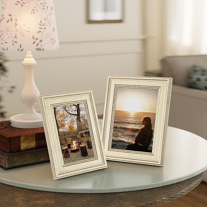 Vittanly 5x7 Picture Frame Set of 4, Vintage Photo Frame for Wall or Tabletop, Display 5x7 Pictures, Rustic Farmhouse Home Decor, Rustic White