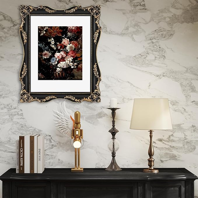 Black 11x14 Vintage Picture Frame with Mat for 8x10 or 11x14 Photos, Real Glass, Gothic Ornate Baroque Victorian Frames for Wall Hanging