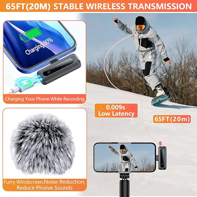 2 Pack Wireless Lavalier Microphone for iPhone 15 16, iOS and Android Phone, USB C Mini Microphone LED Display Clip on Mic for Video Recording TikTok YouTube Vlog