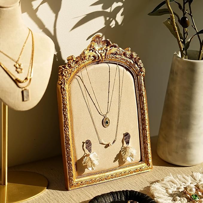 Two-Piece Gold Resin Jewelry Display Stand, Vintage Photo Frame Earring Holder, Velvet Necklace Storage Box, Elegant Décor for Jewelry and Collectibles
