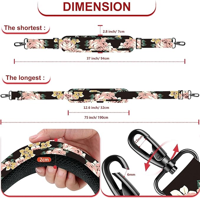 ZINZ 75" Shoulder Strap with Fixed Pad and Dual Balanced Buckles，Black Flowers