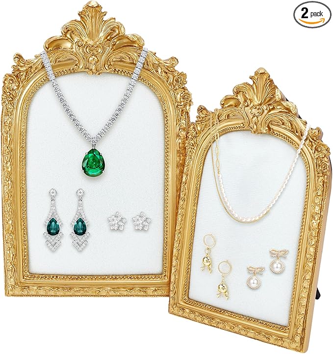 2Pcs Gold Resin Jewelry Display Stand, Vintage Photo Frame Necklace Holder Earring Organizer, Necklace Storage Box, Photography Prop, Elegant Decor for Collectibles Gifts for Women