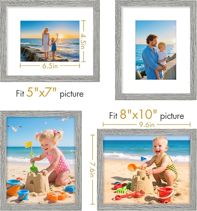 Vittanly 8x10 Picture Frame, Made of Solid Wood and Shatterproof Plexiglass, Display Pictures 5x7 with Mat or 8x10 without Mat, Wooden Photo Frame for Wall Mounting or Tabletop Display, Grey, 1 Pack