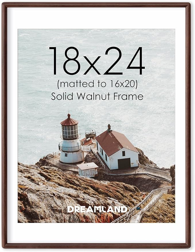Dreamland 18x24 Frame Matted to 16x20 Solid Walnut Wood Picture Frames Handcrafted Rounded Corner with HD Tempered Glass Tabletop or Wall Mount Display, 1 Pack