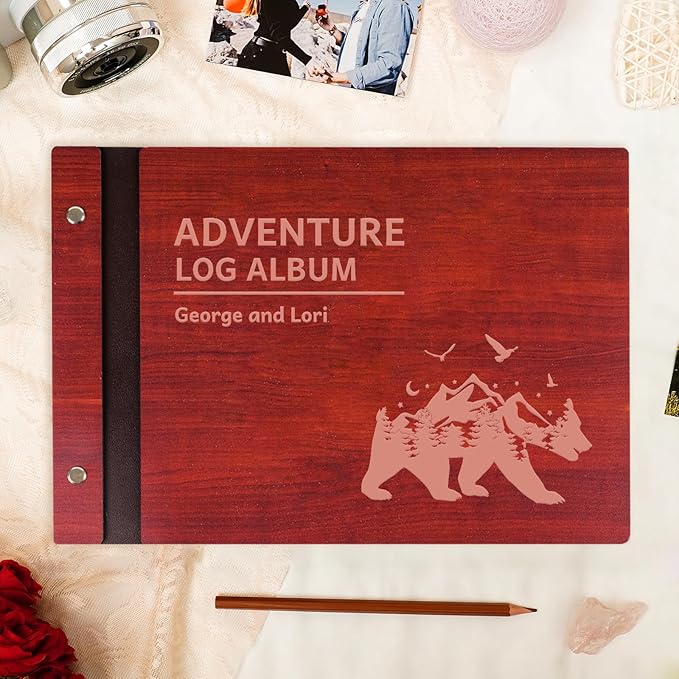 Wooden Travel Photo Album, Vintage Custom Travel Scrapbook Adventure Scrapbook, Vacation Photo Album With Name, Anniversary Memory Book Adventure Book for Couples Travelers