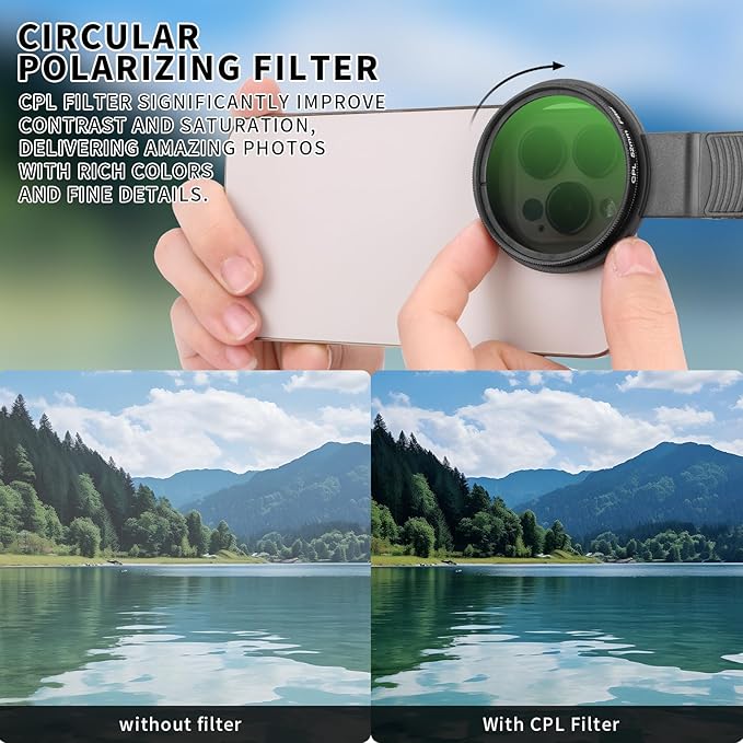 52MM CPL Filter for Phone, Clip-on Circular Polarizing Lens, HD Multi-Coated Optical Glass, Camera Lens Filter Kit Compatible with iPhone 16 15 14, Samsung, Google Pixel and Other Smart Phones