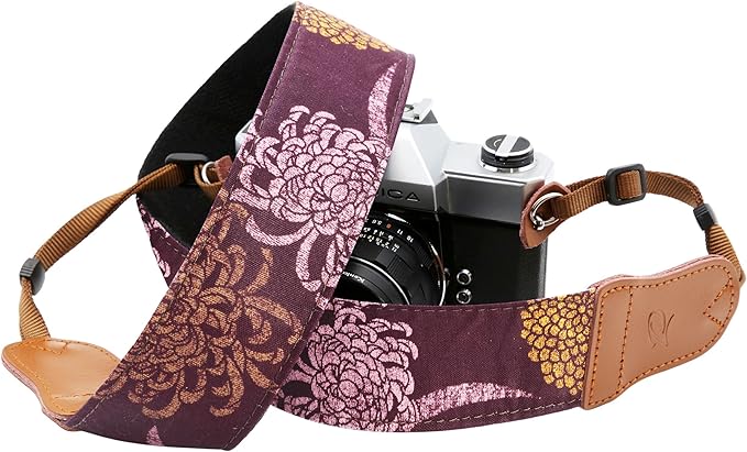 Padwa Lifestyle Camera Strap - 2" Cowhide Leather Head Cotton Camera Straps for Photographers,Vintage Print Purple Daisy Japanese Art Neck & Shoulder Adjustable Strap for DSLR SLR Mirrorless Cameras