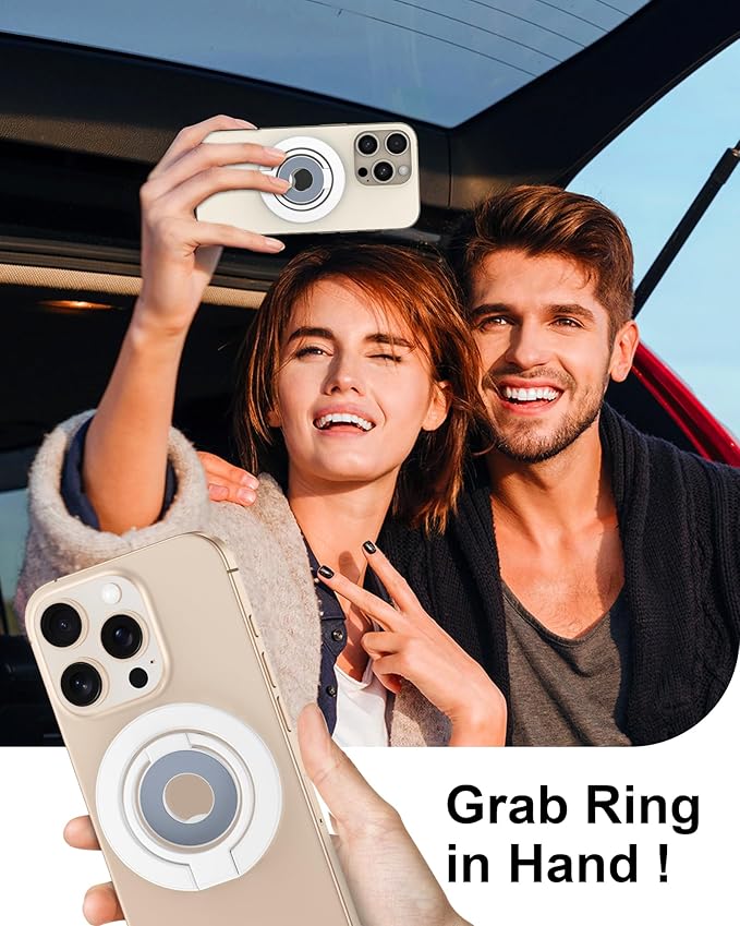 MagSafe Phone Ring Holder, Dual-Side Magnetic Grip Stand with Metal Ring, Foldable Kickstand for iPhone 17 16 15 14 13 12, Wireless Charging Compatible, Works with Magnetic Car Mounts & Desks-White