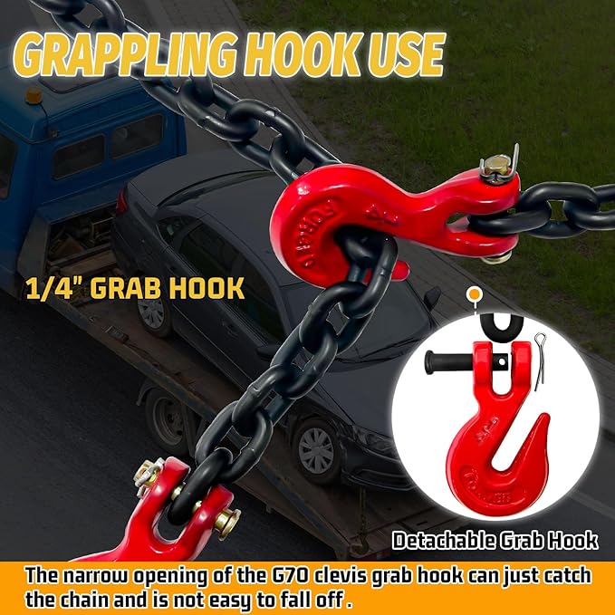 1/4" Tow Chain-G80 Transport Safety Chain with G70 Clevis Grab Hook for Towing|16FT Log Chains Wll 3300 Lbs|Heavy Duty Chain for Trailer Truck Tie Down Binding Equipment(Oiled Black)