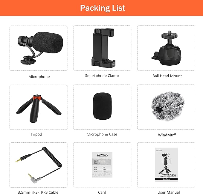 COMICA Smartphone Microphone with Mini Tripod, CVM-VM10-K2 PRO Video Shotgun Mic for iPhone and Android Phones, Vlogging Kit for YouTube Recording Facebook Live,Filmmaker Accessories