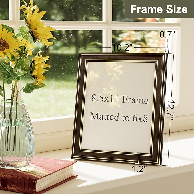 Vittanly 8.5x11 Picture Frame Set of 4, Vintage Photo Frame for Wall Mount, Display 6x8 Pictures with Mat or 8.5x11 without Mat, Rustic Farmhouse Home Decor, Brown