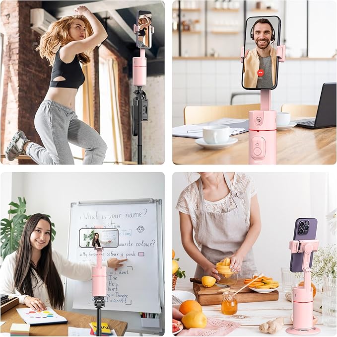 Auto Face Tracking Phone Holder, Gesture Control & Remote, Face Tracking Tripod 360 Rotation Body Phone Camera Mount Smart Shooting Holder, Cell Phone Selfie Stick Tripod, Expandable Pole (Pink)
