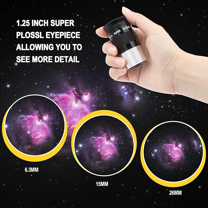 Astromania Telescope Eyepiece Set 1.25 Inch Super Plossl Eyepiece Set 6.3mm 15mm 26mm, 5 Element Fully Multi Coated Metal 52 Degree Apparent Field, Telescope Accessory Set for Astronomy Telescope