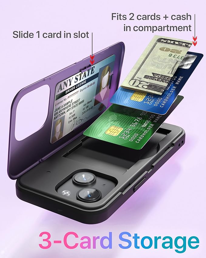 TORU for iPhone 15 Wallet Case with Card Holder, Hidden ID Credit Card Slot Flip Kickstand, Slim Fit Shockproof Heavy Duty Phone Cover with Strap - Purple