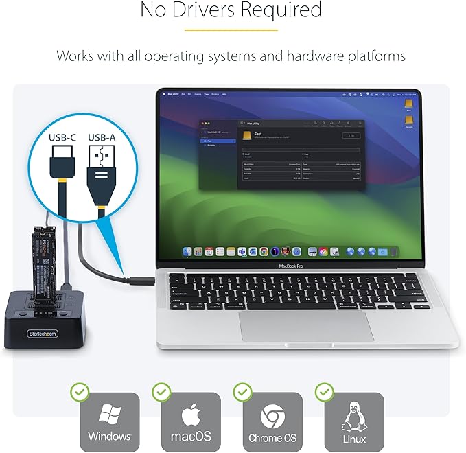 StarTech.com 1:1 M.2 NVMe Drive Duplicator, 90GBpm Standalone SSD Cloner/Copier, USB-C 3.2 20Gbps M.2 Dual-Bay Drive Dock, Black