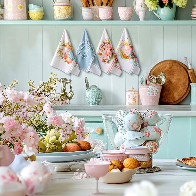 Preboun 6 Pcs Easter Kitchen Towels Cute Bunny Eggs Dish Hand Towels Macaron Happy Easter Themed Dish Cloth House Decorative Farmhouse Tea Cloth Absorbent for Home Kitchen Bathroom Decor
