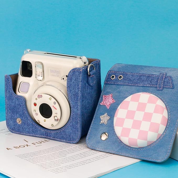 Frankmate Protective Case Compatible with Fujifilm Instax Mini SE/7+ Camera, Sweetheart Denim Camera Bag with Pocket and Adjustable Shoulder Strap