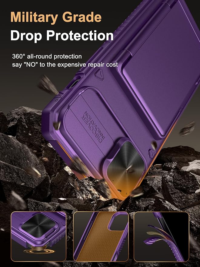Vihibii for iPhone 15 Plus/iPhone 14 Plus Wallet Case, Built-in Card Holder (4 Cards), [RFID Blocking] & Slide Camera Cover, Military Grade Drop Protection, Rugged Hard Wallet Phone Case, Dark Purple