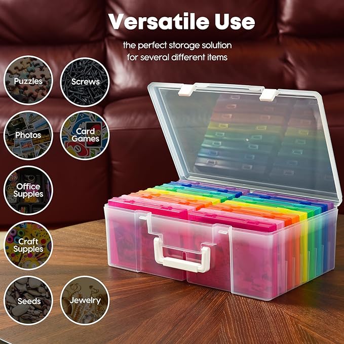 ALINK Photo Storage Box 5" x 7" with Handle, 18 pcs Inner Photo Container Organizer and Craft Keeper, Portable Picture Case with Label for Arts, Crafts, Sewing, Stickers, Office Supplies - Colored