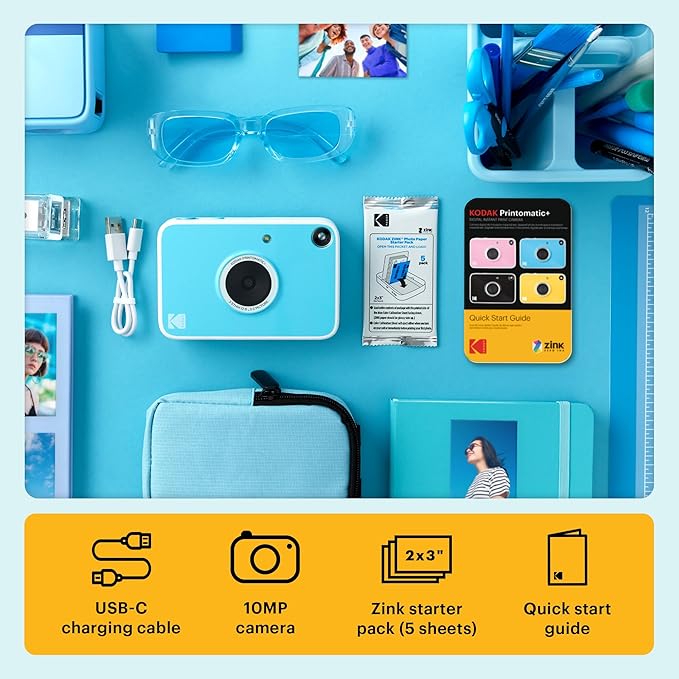 Kodak Printomatic+ Instant Print Digital Camera (Blue) 10MP Portable Camera with Interactive RGB LED Status Indicator, Prints Full-Color Photos on Zink 2x3” Sticky-Backed Photo Paper - Easy & Fun