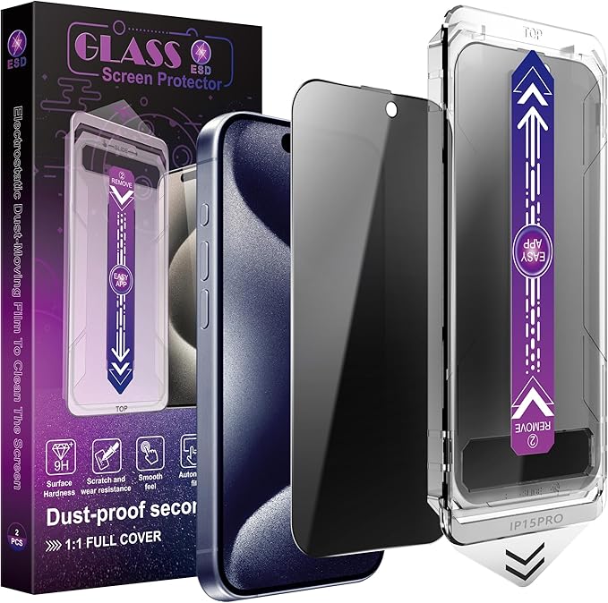 CHISHA 2-Pack Privacy Screen Protector for iPhone 15 Pro 6.1-Inch, Auto Dust Removal, No Bubbles,Anti-Spy Tempered Glass Film, Easy Installation