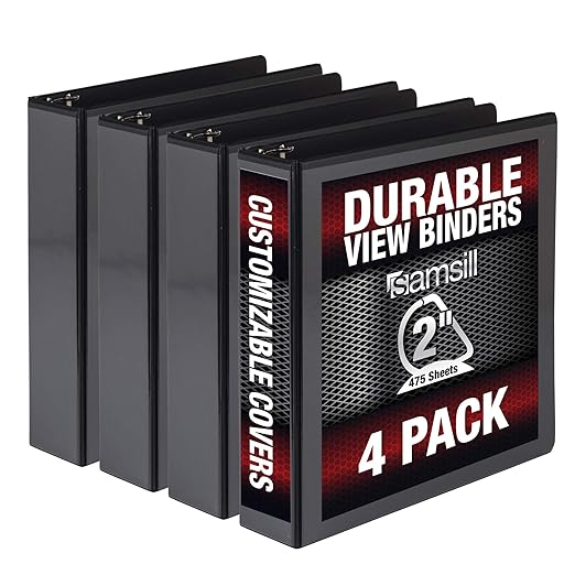 Samsill Durable 2 inch 3 Ring Binder, Made in USA, D Ring Binder, FSC 100% Recycled Chipboard, Black, 4 Pack