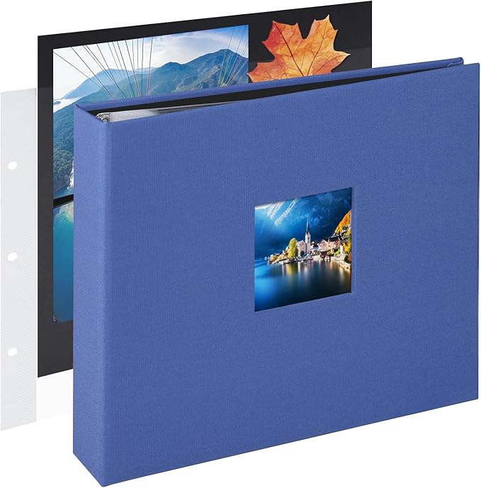 1DOT2 8x8 DIY Small 3 Ring Scrapbook Photo Album Journal with 30 Plastic Sleeves 60 Pages and Fabric Cover for Baby Travel Wedding Couple Anniversary Kids Adventure (Blue Cover/Black Pages)