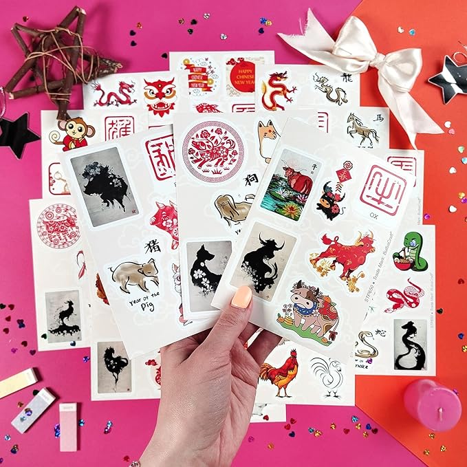 BulbaCraft 100Pcs Chinese New Year Stickers - Chinese Zodiac Stickers, Lunar New Year Decals, Gifts for Women & Men