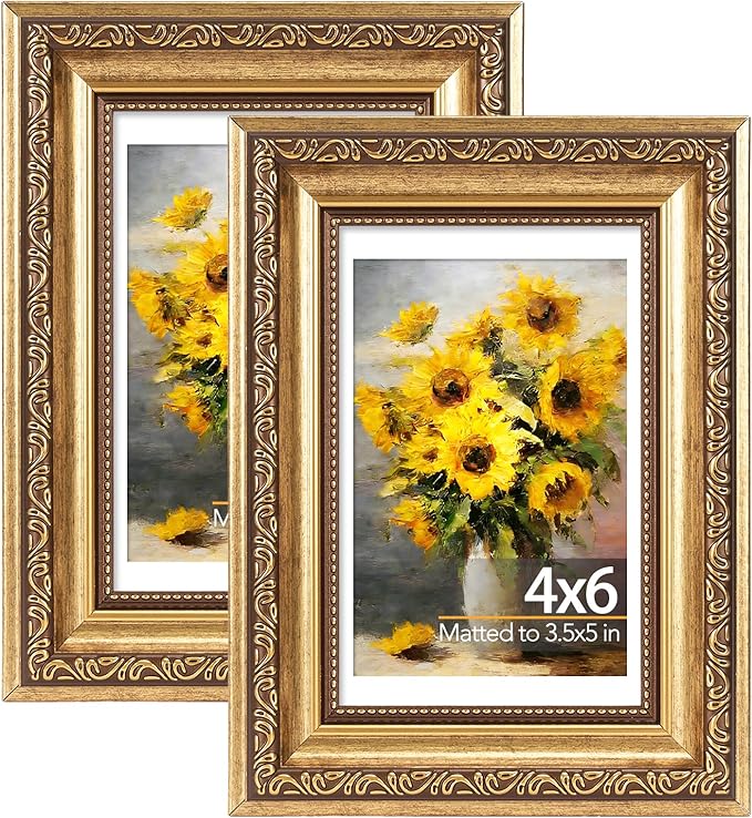 4x6 Vintage Picture Frame with 3.5x5 Mat Set of 2, Elegant Retro 4 by 6 Photo Frame with Shatter-Resistant Plexiglass for Wall or Tabletop Display, Gallery Decor & Gift, Gold, 2 Pack