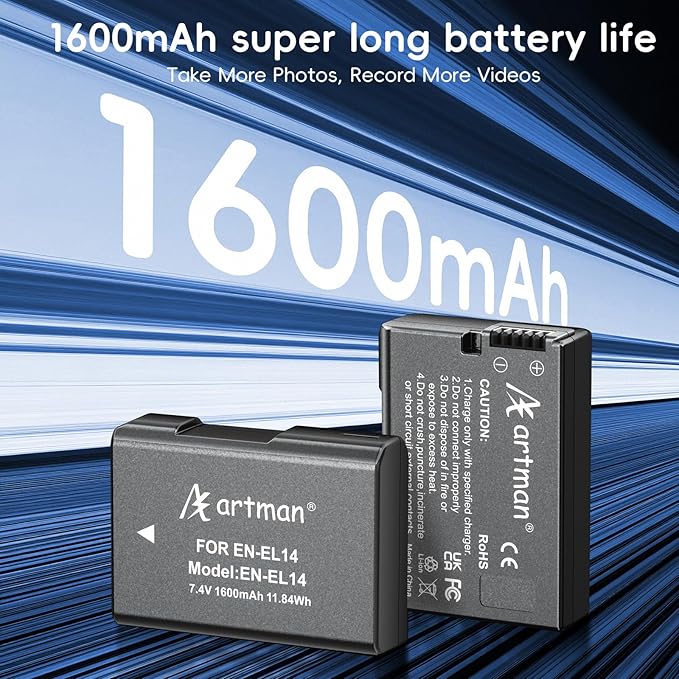Artman EN-EL14 EN-EL14a Battery 1600mAh (2-Pack) and 2-Slot Charger with LCD Display for Nikon D3100 D3200 D3300 D3400 D3500 D5100 D5200 D5300 D5500 D5600 DF Coolpix P7000 P7100 P7700 P7800 Cameras