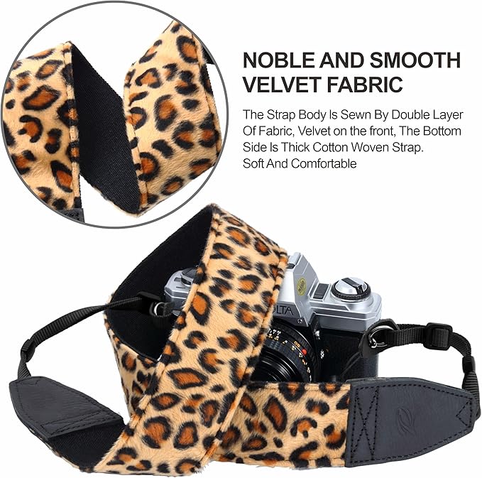 Padwa Lifestyle Leopard Velvet Camera Strap - 2" Double Layer Full Grain Cowhide Leather Head Camera Straps for Photographers,Unique Soft Velvet Fabric with Quick Release fits all Cameras