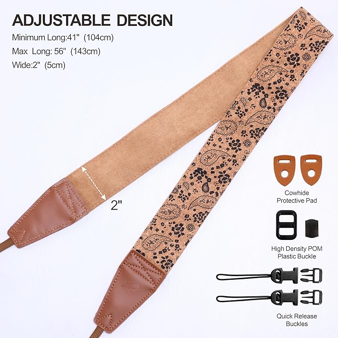 Padwa Lifestyle Cork Camera Strap - 2" Top Layer Cowhide Head Camera Straps for Photographers,Natural Log Crackle Art Print Style,Soft Chamois Velvet Padded Strap Quick Release fits All Cameras