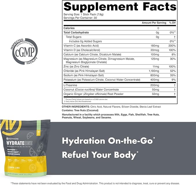 HydrateOne, Electrolyte Drink Mix On-The-Go | Lemon and Lime, 30 Servings