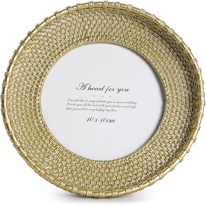 Cuspin 4x4 Picture Frame Vintage Gold Frames, Round Rattan Textured Hand-Crafted Circle Frame with Glass Front, Retro Photo Frame for Tabletop Display & Wall Hanging, Home Decor