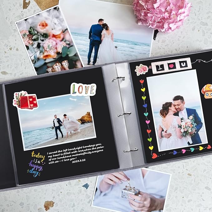 1DOT2 8x8 DIY Small 3 Ring Scrapbook Photo Album Journal with 30 Plastic Sleeves 60 Pages and Fabric Cover for Baby Travel Wedding Couple Anniversary Kids Adventure (Beige Cover/Black Pages)