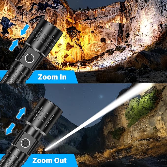 AdamStar Flashlight High Lumens Rechargeable Super Bright Flashlight Zoomable LED Flash Light with Dimmable, 6 Modes Waterproof Handheld Powerful Tactical Flashlights for Camping Emergency (4 Pack)