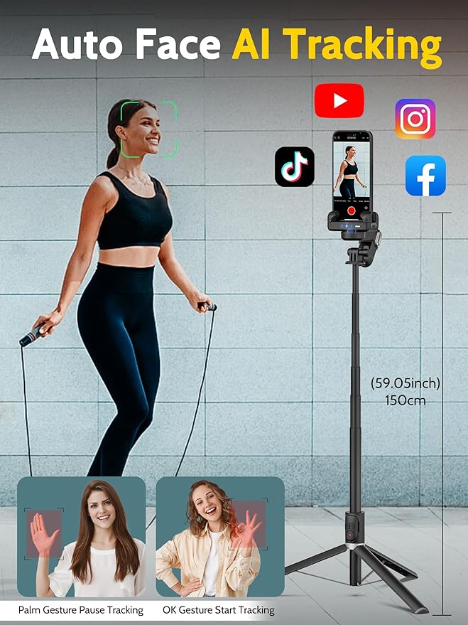 AOCHUAN Auto Face Tracking Tripod 360 Rotation w/RGB Light,Single-axis Phone Gimbal for iPhone Android w/Remote Control,Phone Stand Follow You for Video Recording,TikTok Vlogging(M2Pro Black)