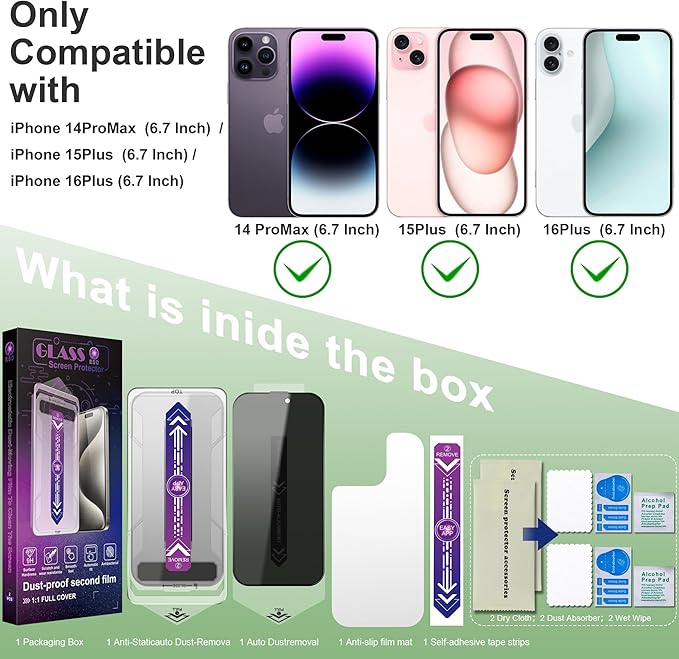 SHANG PIN JIA 2 Pack Privacy Screen Protector for iPhone 15 Plus and iPhone 14 Pro Max 6.7-Inch Auto Dust Removal, No Bubbles, Anti-Spy Tempered Glass Film, Easy Installation