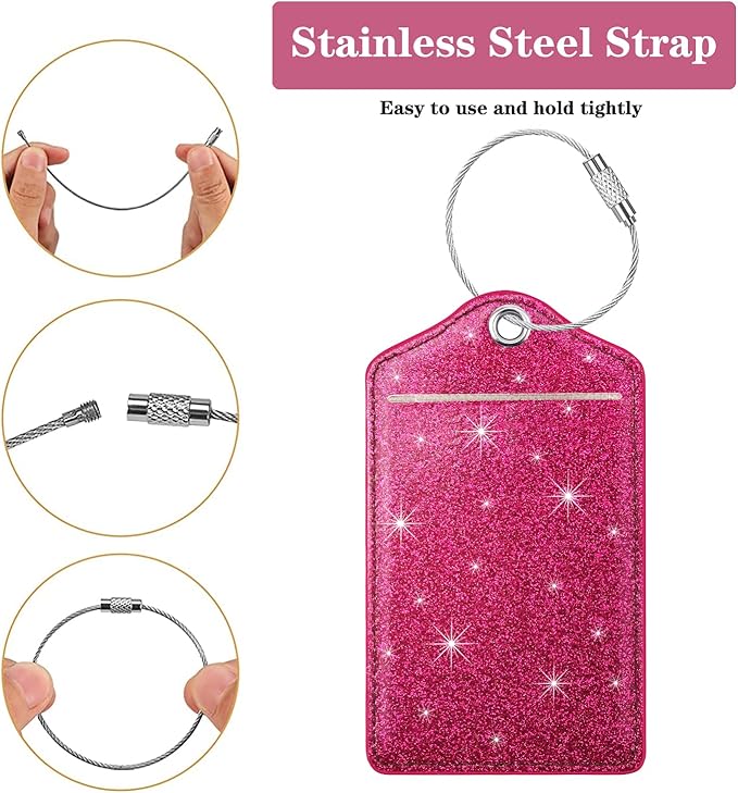 (Set of 2) Luggage Tag Leather Privacy Cover ID Label Address Card with Stainless Steel Loop, Travel Bag Tags Suitcase Labels, Glitter Rosy