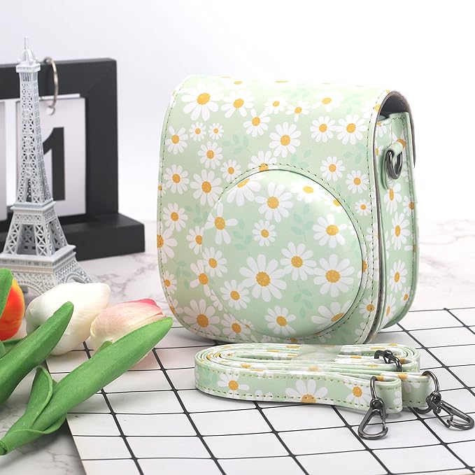 Frankmate Protective Case Compatible with Fujifilm Instax Mini 12 11 9 8 Instant Film Camera with Pocket and Adjustable Strap (Green Daisy)
