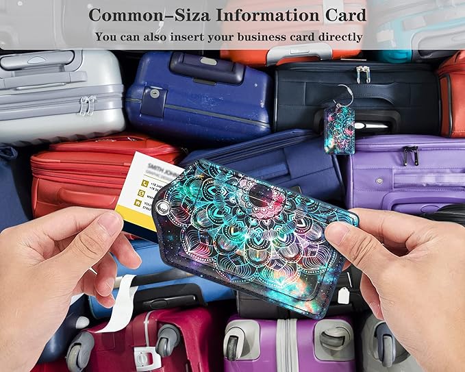 (Set of 2) Luggage Tag Leather Privacy Cover ID Label Address Card with Stainless Steel Loop, Travel Bag Tags Suitcase Labels, Mandala