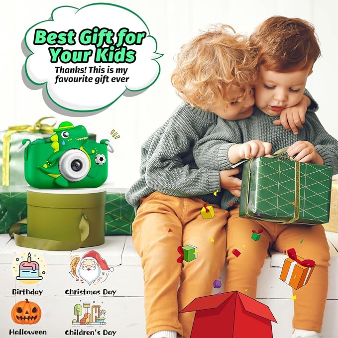 Dinosaur Kids Camera for Boys Girls, Toddler Digital Selfie Camera with Cute Protective Cover and 32G SD Card, Christmas Birthday Gifts Toys for 3 4 5 6 7 8 9 10 11 12 Years Old Little Girls and Boys