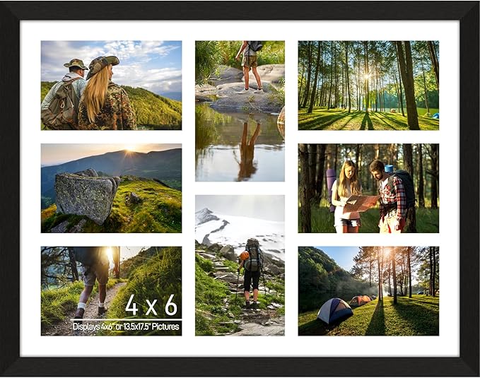 4x6 Photo Collage Frame 8 Openings Wooden, 13.5x17.5 Multi Picture Frame Collage Wall Decor, Black Frame with White Mat, Solid Pine Wood