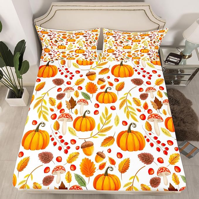 Erosebridal Fall Decor Bed Sheets Twin Size, Pumpkin Autumn Leaf Bedding Set, Farmhouse Harvest Mushroom Fitted Sheet Set, Farm Fall Leaves Sheets for Kids Thanksgiving Home Decor, 1 Pillowcase