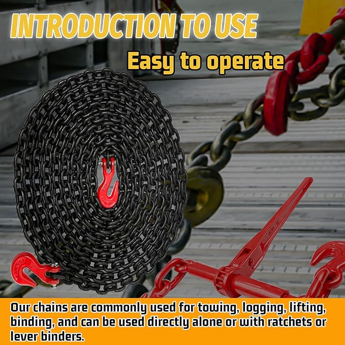 1/4" Tow Chain-G80 Binder Chain with G70 Clevis Grab Hook for Towing|25FT Transport Safety Chains Wll 3300 Lbs|Heavy Duty Chain for Trailer Truck Tie Down Binding Equipment(Oiled Black)