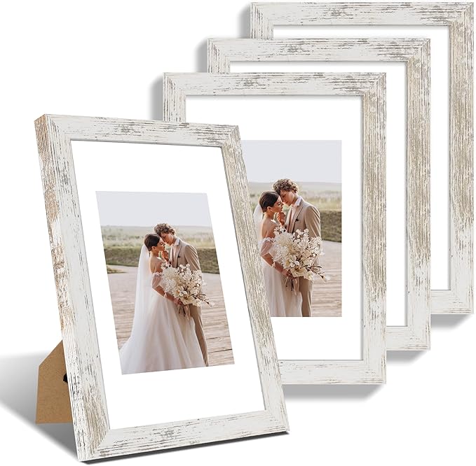 8x12 Picture Frame Set of 4, Made of Glass and Distressed White Wooden Frame - Display 6x8 Picture with Mat or 8 x 12 Poster Without Mat, 8 by 12 Photo for Wall or Tabletop